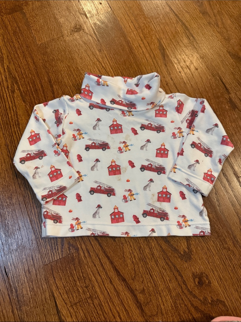 Kids White Turtleneck Top with Red Firetruck Print